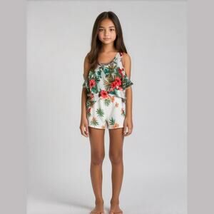Kiddo by Katie Girls Romper Sz 10‎ Spaghetti Strap Shorts White Floral Boho Lace